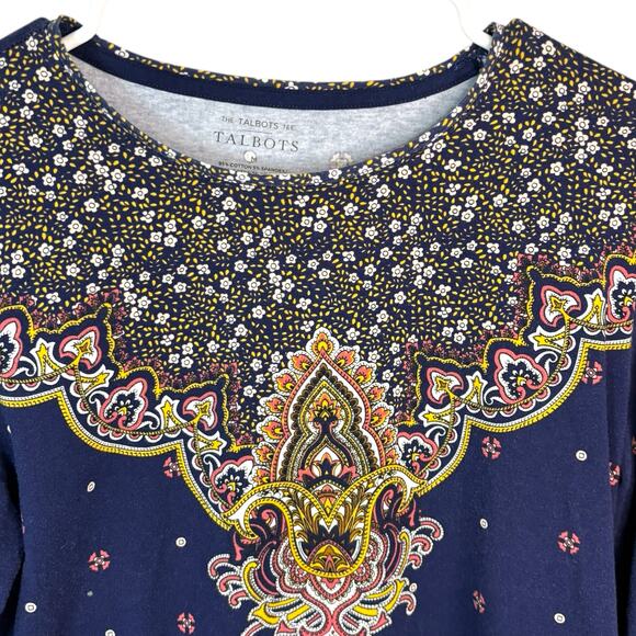 Talbots Paisley Jewel Print Long Sleeve Tee Navy Boho Embellished Top Size M - Picture 3 of 8
